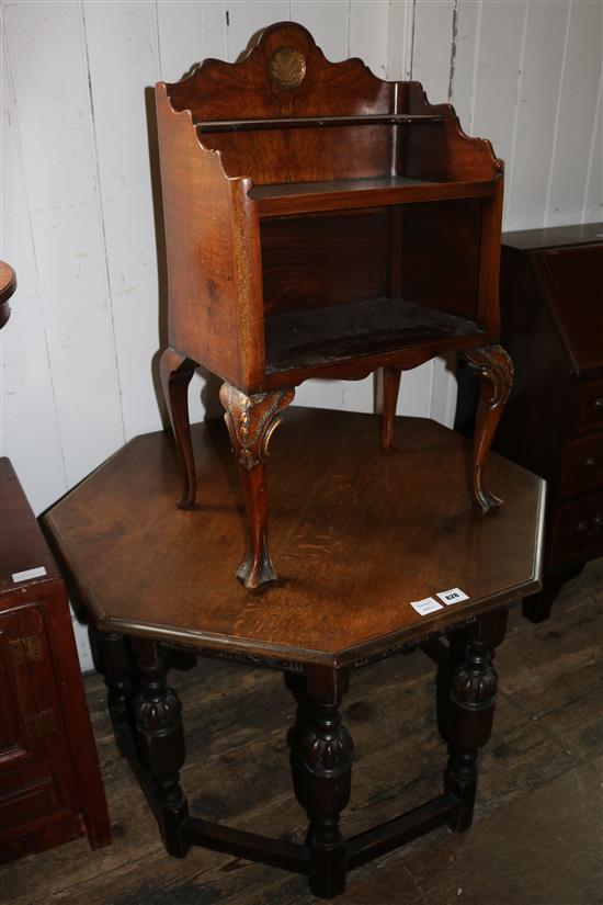 Oak octagonal topped table & burr walnut bedside cupboard(-)